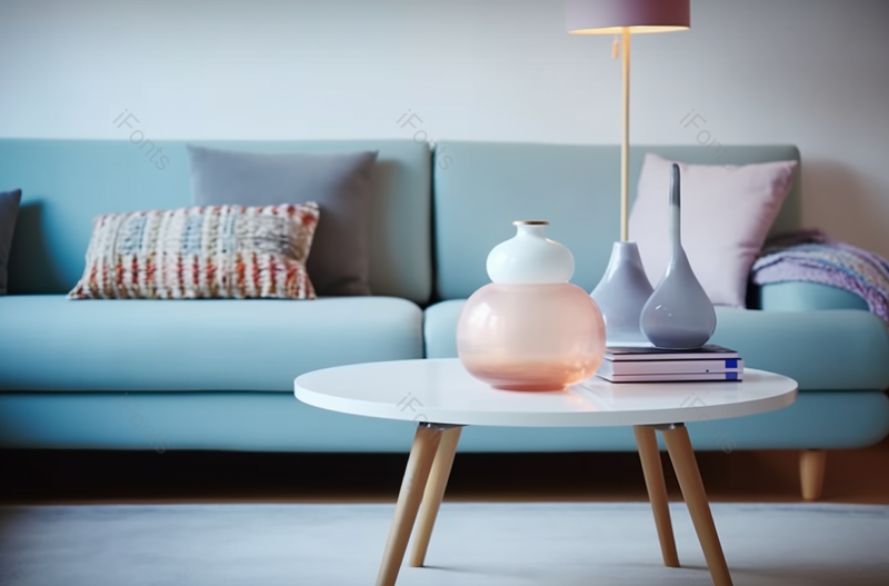 沙发前的圆形复古咖啡桌配有散垫和台灯淡蓝色沙发室内摄影,高清,摄影图,摄影图片,图片大全,摄影图免费下载